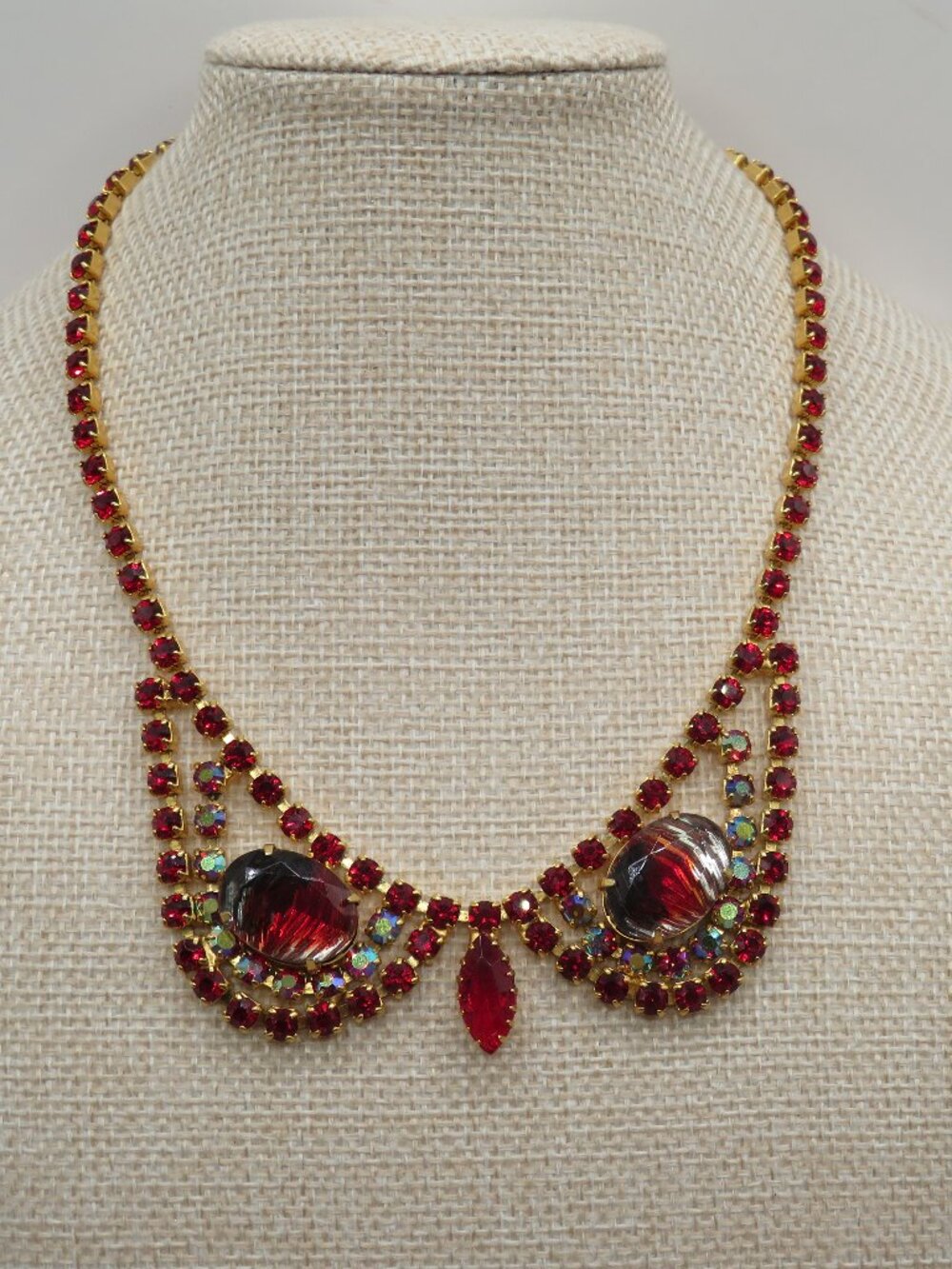 Vintage Red and AB Iridescent Rhinestone Choker Style Necklace